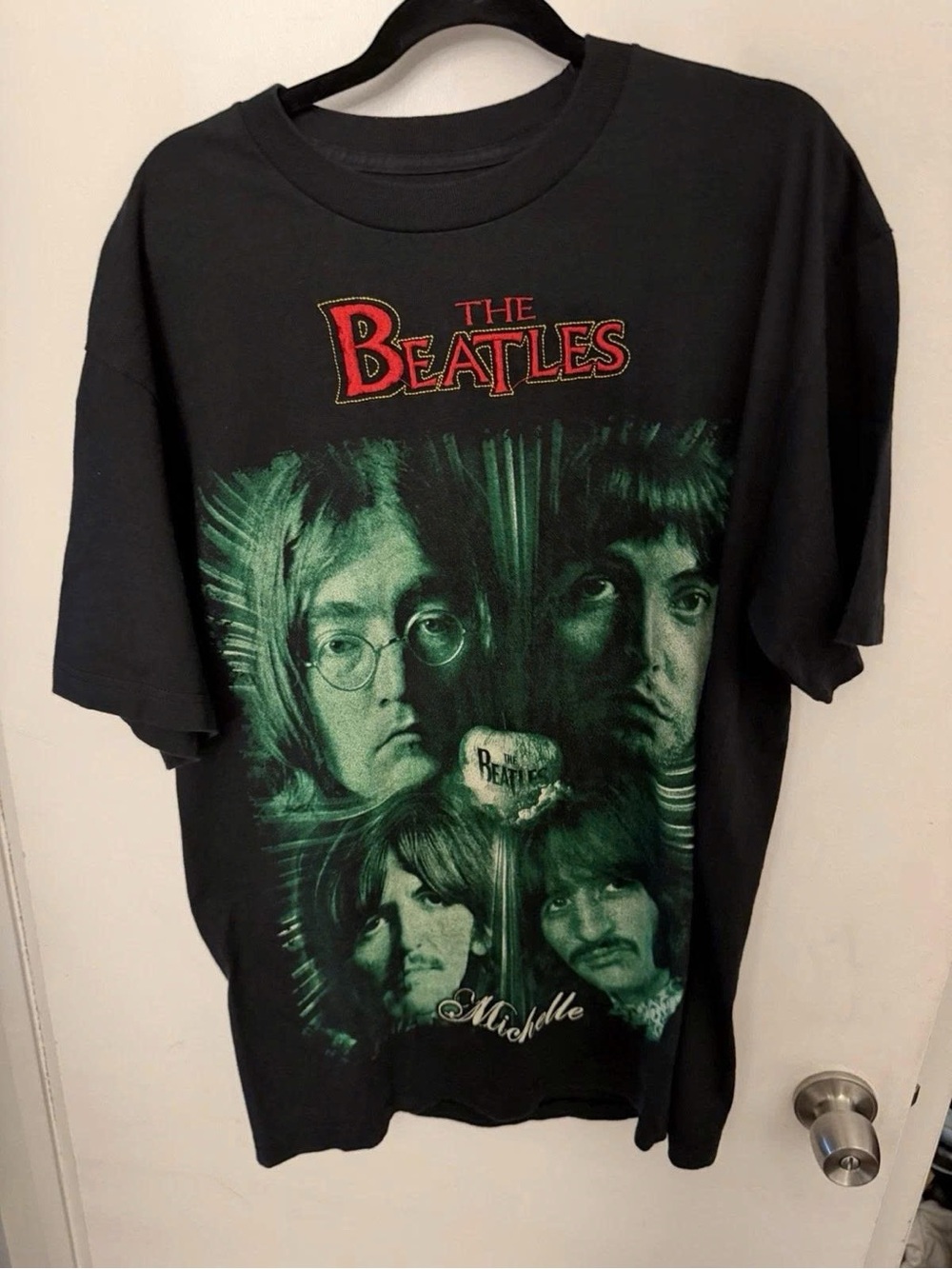 The Beatles Black Tee with Red Logo and Green Portrait Print